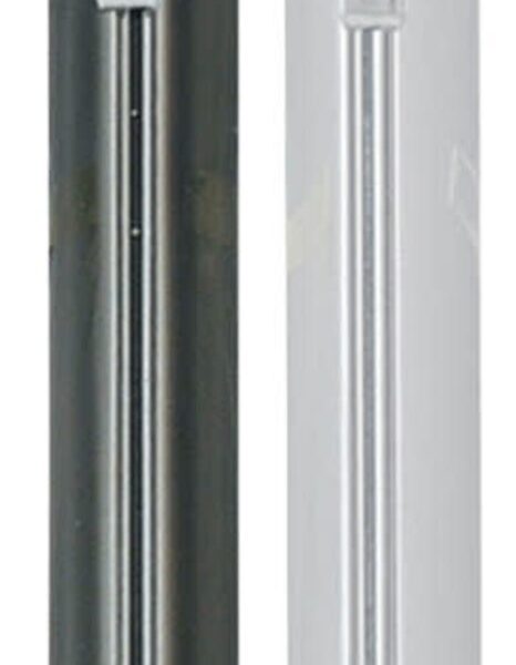 Two mechanical pencils are side by side. The left pencil has a dark metallic finish, and the right pencil has a silver metallic finish. Both have hexagonal barrels and matching metal clips.