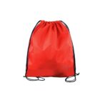 A bright red drawstring backpack with black cords, shown against a plain white background. The bag has a simple design with no visible logos or patterns.