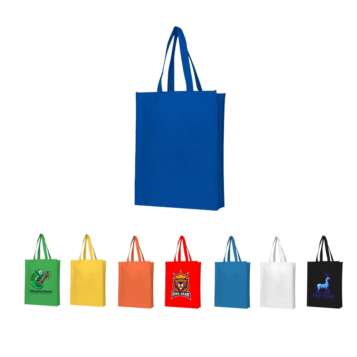 A blue tote bag is centered above seven smaller colorful tote bags in a row. From left to right, the bags are green, yellow, orange, red, light blue, white, and black, each with different logos printed on them.