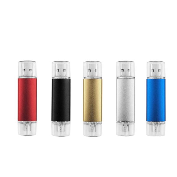Five USB flash drives in a row, each with a clear cap. The drives have red, black, gold, silver, and blue exteriors, set against a white background.