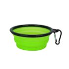 Collapsible green silicone pet bowl with a black rim, featuring a carabiner clip attached to the side.