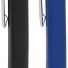 Two retractable ballpoint pens stand upright. The pen on the left is black, and the one on the right is blue. Both pens have silver clips and tips.