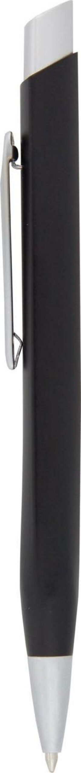 A black pen with a sleek design, featuring a silver clip and tip. The pen is positioned vertically with the tip pointing downwards.
