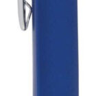 A blue pen with a silver clip and a white tip, shown vertically with the point facing downwards. The pen has a matte finish and a sleek, modern design.