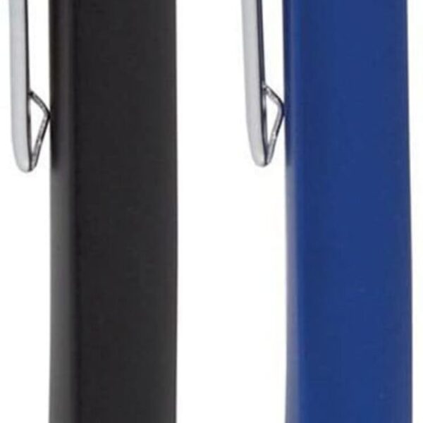 Two retractable ballpoint pens stand upright. The pen on the left is black, and the one on the right is blue. Both pens have silver clips and tips.