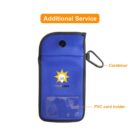 Blue pouch with a carabiner on the side and a clear PVC card holder at the front. It features a sun logo with YOUR LOGO text. An orange label at the top reads Additional Service.
