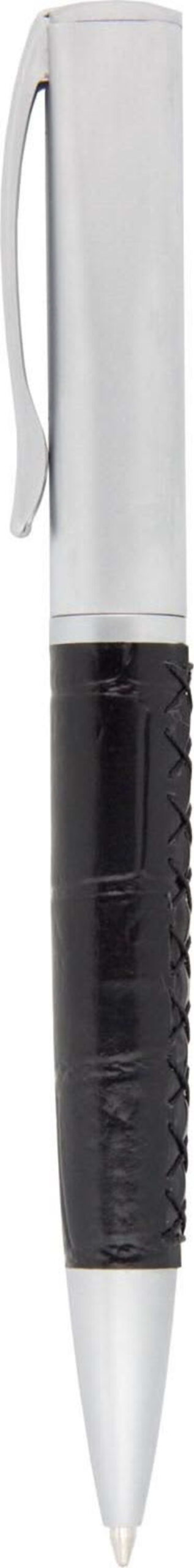 A silver and black ballpoint pen with a clip. The top half is silver, while the grip section is black with a stitched pattern.