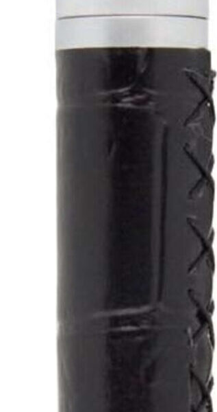 A silver and black pen with a clip on the cap. The pen has a textured, black grip area and a smooth silver tip.