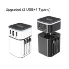 Two travel adapters, one white and one black, with three retractable plugs and three USB ports each (two USB-A, one USB-C). The words Upgraded (2 USB+1 Type-c) are above the adapters.