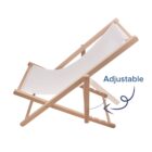 Beige wooden deck chair with white fabric and an Adjustable label.