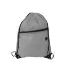 A gray drawstring backpack with black straps and a front zipper pocket. The bag also features a small round emblem with a plus sign on the front.