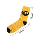 A yellow sock with a black heel and toe, featuring a face design near the cuff and a pattern of interlocking G shapes. The sock measures 190mm in height and 200mm in length.