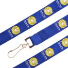 Blue lanyard with a gold hook, featuring a repeated logo of a white duck in a yellow circle and the text Daisy Duck along with Hong Kong Disneyland written in white.