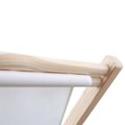 Close-up of the corner of a wooden frame structure with a stretched white canvas. The wood appears light and unfinished, with visible grain. The canvas is tautly secured between the wooden bars.