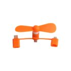 A small, orange USB fan attachment with two blades. It features three connectors: USB-C, micro USB, and a lightning connector, allowing compatibility with various devices. The fan is compact and portable.