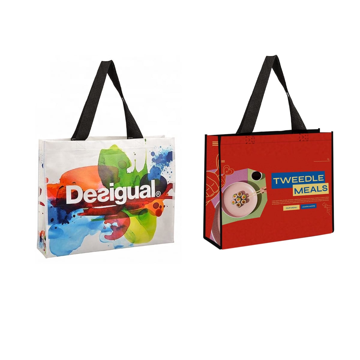 Two tote bags with black handles. The left bag has a colorful abstract design with the word Desigual. The right bag is red with a design resembling a meal package, featuring the text Tweedle Meals.