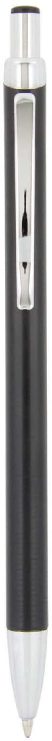 A sleek black and silver pen with a metallic clip, featuring a polished chrome finish on both ends, shown upright.