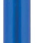 A blue retractable pen with a silver clip and tip, standing vertically against a white background.