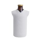 Glass bottle covered with a white sleeve resembling a V-neck shirt, leaving the bottles brown neck and cap visible. The background is plain white.