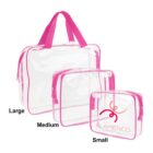 Three clear zippered bags with pink trim in large, medium, and small sizes.