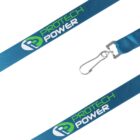 Blue lanyard with a metal hook, featuring the text PROTECH POWER in white and green, along with a logo resembling a stylized P in white and green. The lanyard is partially coiled in the image.