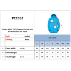 A sizing chart for a unisex adult polyester jacket with sun protection and hood. Includes measurements for chest width, sleeve length, and total length for sizes S to 4XL. A blue jacket with measurement labels is shown.
