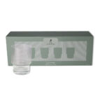 An Alva Glass Tumbler with a ribbed design sits beside its green and grey box, which showcases silhouettes of four ribbed tumblers alongside the text Lunea and Alva Glass Tumblers Ribbed Set of 4.