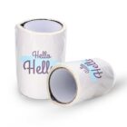 Two rolls of white plastic wrap are displayed. One roll is standing upright, and the other is lying down. Both rolls have purple and blue text that reads Hello.