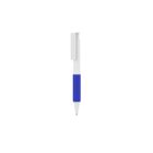 A ballpoint pen with a blue grip and a white barrel. The pen has a white clip on the cap, and the tip is visible at the bottom. It is centered against a plain white background.