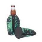 Two green leaf-patterned bottle koozies are shown. One holds a brown bottle with a white cap, and the other lies flat next to it. Both have zippers running along their sides.