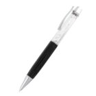 A sleek black and silver ballpoint pen with a transparent section containing small crystals, and a metallic clip on the cap.