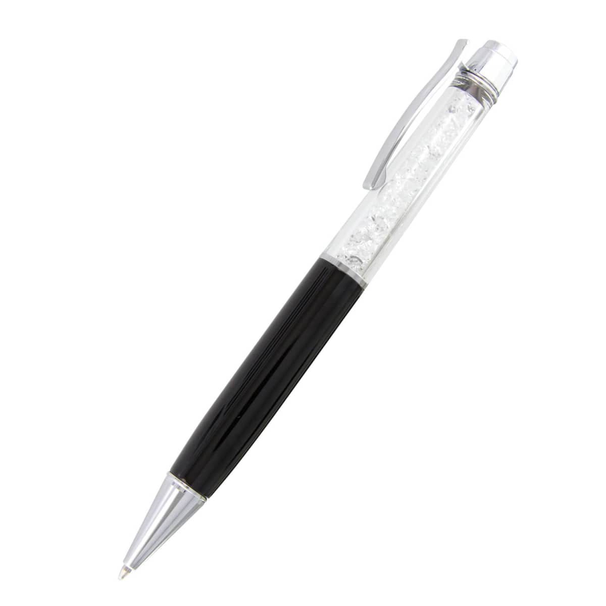 A sleek black and silver ballpoint pen with a transparent section containing small crystals, and a metallic clip on the cap.