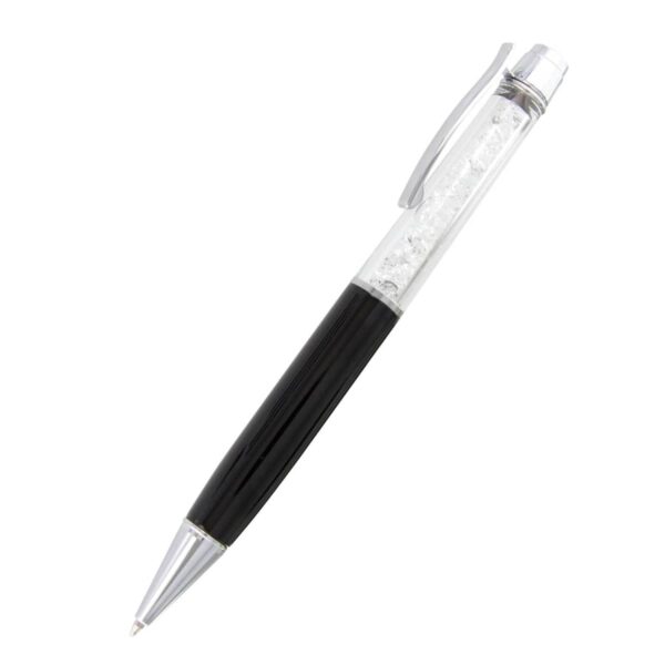 A sleek black and silver ballpoint pen with a clear section containing decorative crystals, featuring a silver clip on the side.