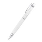 A sleek white pen with a metallic clip and tip, featuring a transparent section filled with small, clear crystals near the top.