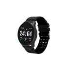 A sleek, modern smartwatch with a black perforated strap and round face displaying the time 24:04 and date 04/25 SUN. Icons for steps, calories, and other fitness metrics are visible on the screen.