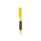 A yellow pen with a black grip and a clip on the cap, isolated on a white background.