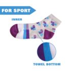 A colorful sock with purple, blue, and white stripes and cartoon dinosaur designs is shown. It has a highlighted thick, textured towel bottom, suitable for sports. The text FOR SPORT and INNER TOWEL BOTTOM is visible.