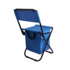 A blue foldable chair with an attached cooler bag underneath the seat. The chair has a black metal frame and blue fabric, including a backrest. The cooler bag has a zippered top and a handle.