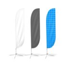 Three standing banners in a row: one white, one gray, and one blue with a white grid pattern, all mounted on metal tripod bases against a plain white background.