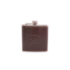 A brown leather-wrapped metal flask with an embossed M design on the front. The flask has a screw-on cap and is centered against a white background.