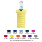 A bottle wearing a yellow polka-dotted sleeve is displayed above a selection of color swatches. The swatches show various colors with their PMS codes, including navy blue, royal blue, light blue, green, pink, red, yellow, orange, maroon, purple, and grey.