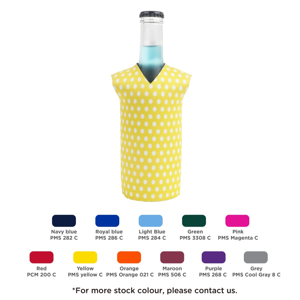 A bottle wearing a yellow polka-dotted sleeve is displayed above a selection of color swatches. The swatches show various colors with their PMS codes, including navy blue, royal blue, light blue, green, pink, red, yellow, orange, maroon, purple, and grey.