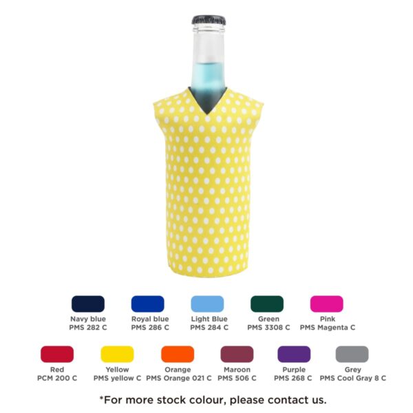 A glass bottle wearing a yellow polka dot vest with a blue cap. Below are color swatches labeled with names and Pantone numbers, including navy blue, royal blue, red, yellow, orange, maroon, green, purple, pink, and grey.
