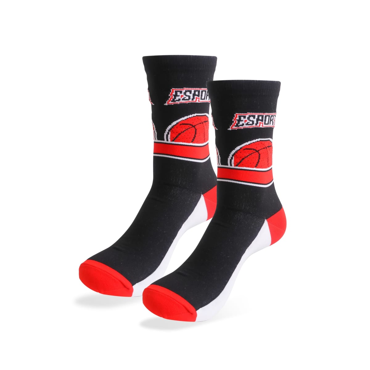 A pair of black socks with red and white accents, featuring a basketball and hoop design, and the word ESPADA at the top. The heels and toes have red detailing.