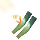 Green gradient arm sleeves with a UPF 40+ label are featured, indicating UV protection. Sunlight is shown in the top left corner, highlighting the sleeves protective qualities against sun exposure.