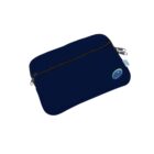 A blue zippered laptop sleeve with a circular logo featuring stylized eyes, situated in the bottom-right corner. The sleeve has a simple design and dual zipper pulls.