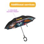 An umbrella displays a black outer canopy with the text Additional services above. The underside features colorful cartoon designs, including faces and shapes. The word escale is printed on the top. A J-shaped handle is visible.