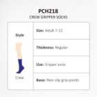 Infographic for PCH218 crew gripper socks. Style: Crew. Size: Adult 7-12. Thickness: Regular. Use: Gripper socks. Base: Non-slip grip points. Image of a leg wearing a blue sock.