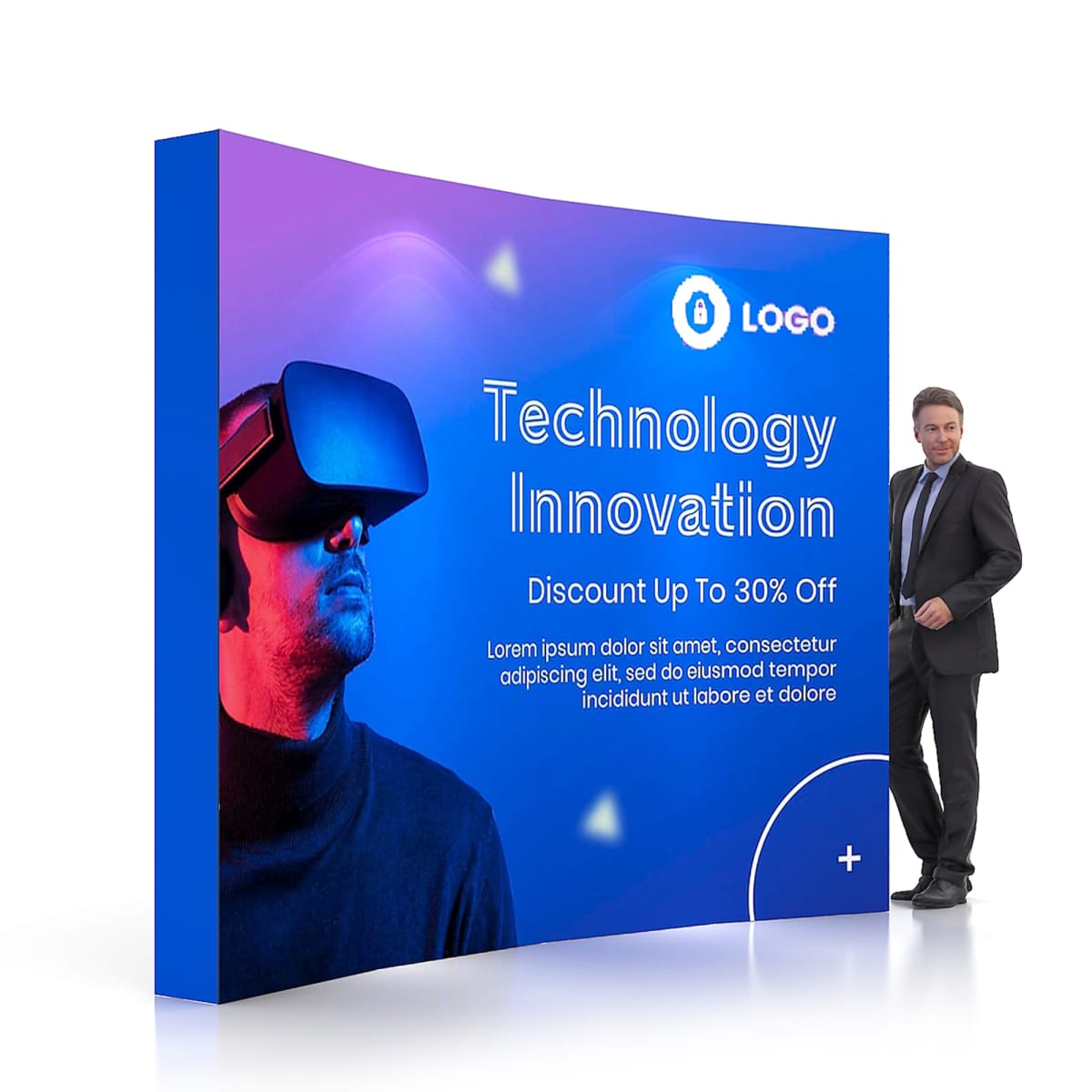 A man in a suit stands beside a promotional display featuring a person wearing virtual reality goggles. The sign reads Technology Innovation, Discount Up to 30% Off with filler text and a logo.