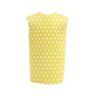 A sleeveless yellow dress with white polka dots, viewed from the back against a plain white background.